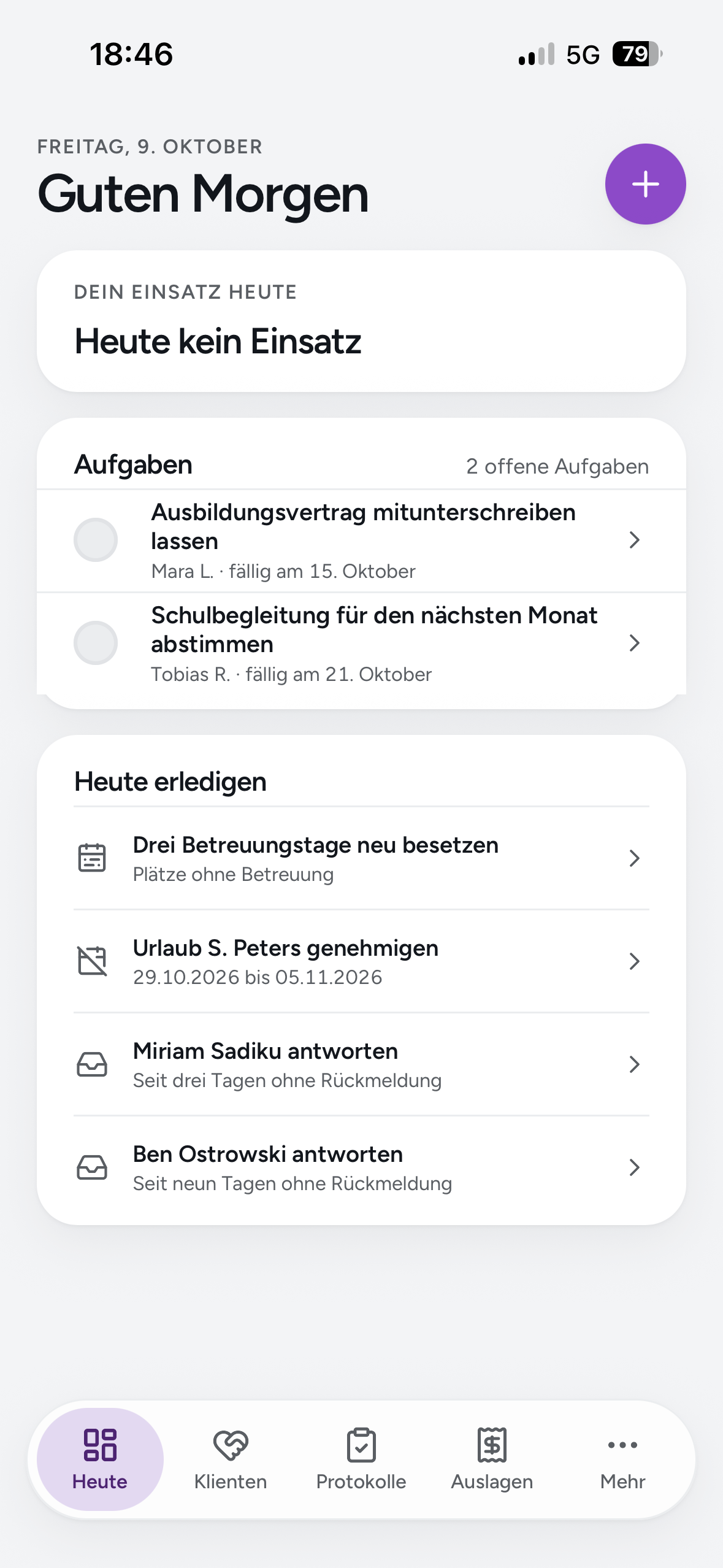 Kindfair am Telefon: der Bildschirm „Heute“ mit Aufgaben und offenen Punkten